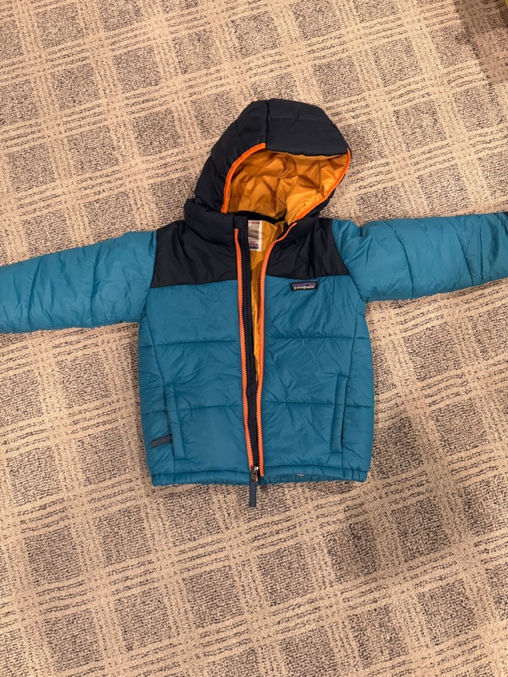 Patagonia Teal & Navy Hooded Puffer with Orange Lining
